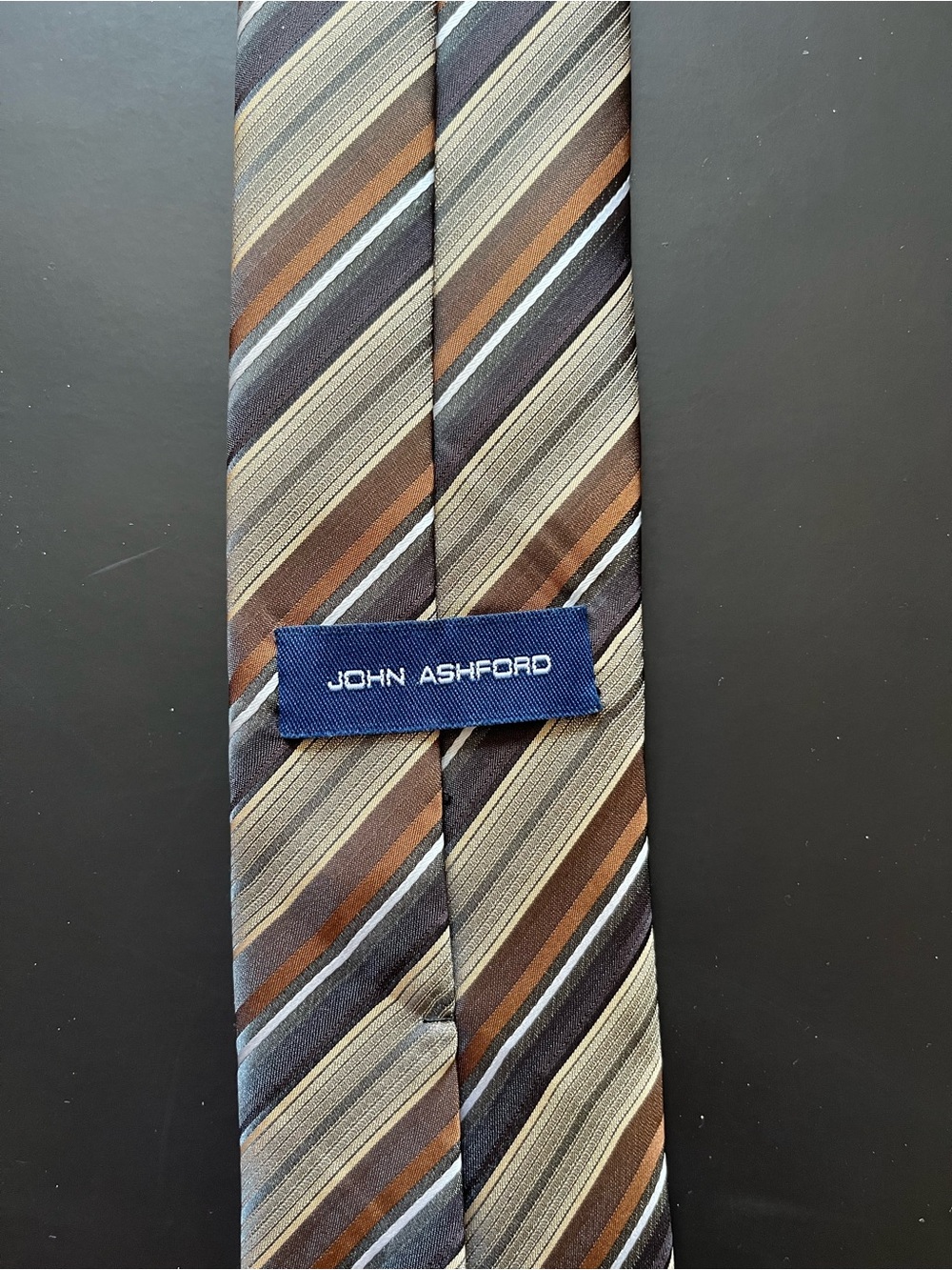 John Ashford Brown, Gray & Cream Striped Silk Tie